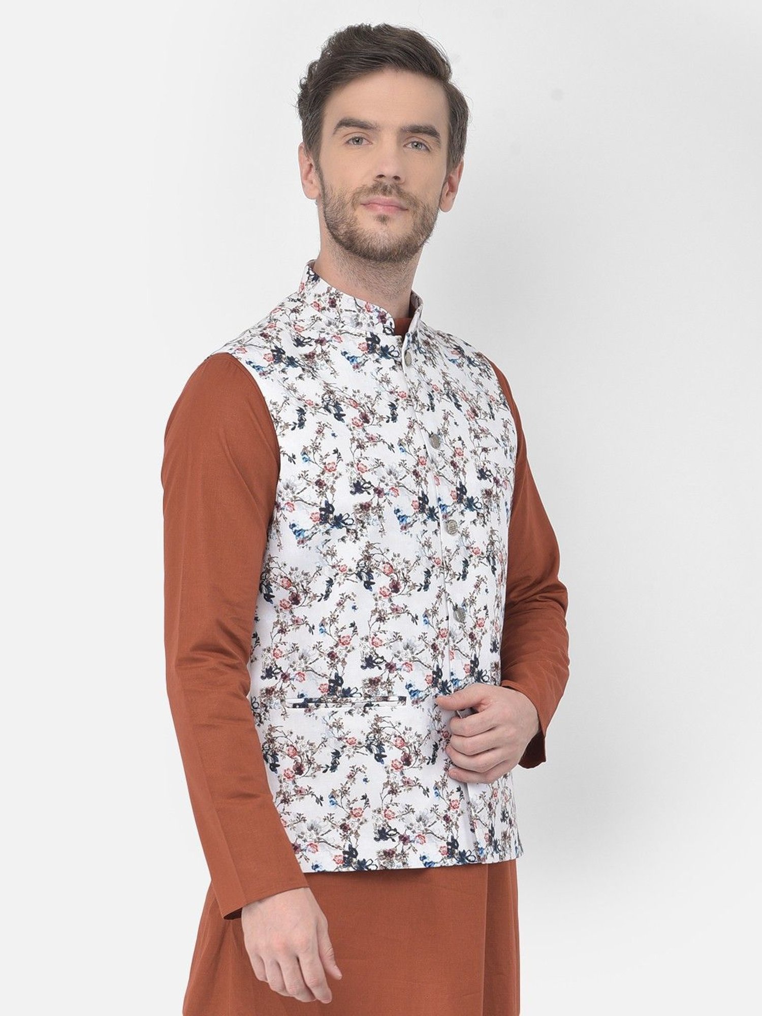 TABARD White Cotton Regular Printed Nehru Jacket