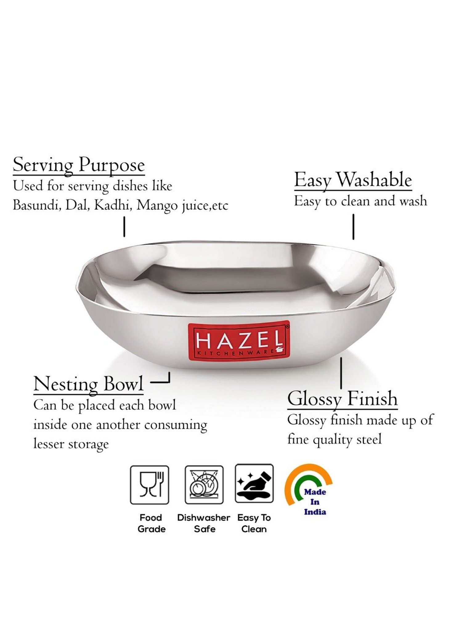 HAZEL Steel Dessert Silver Plate Square Shaped for Snacks, Breakfast Set Of 2 450 ml each, Silver