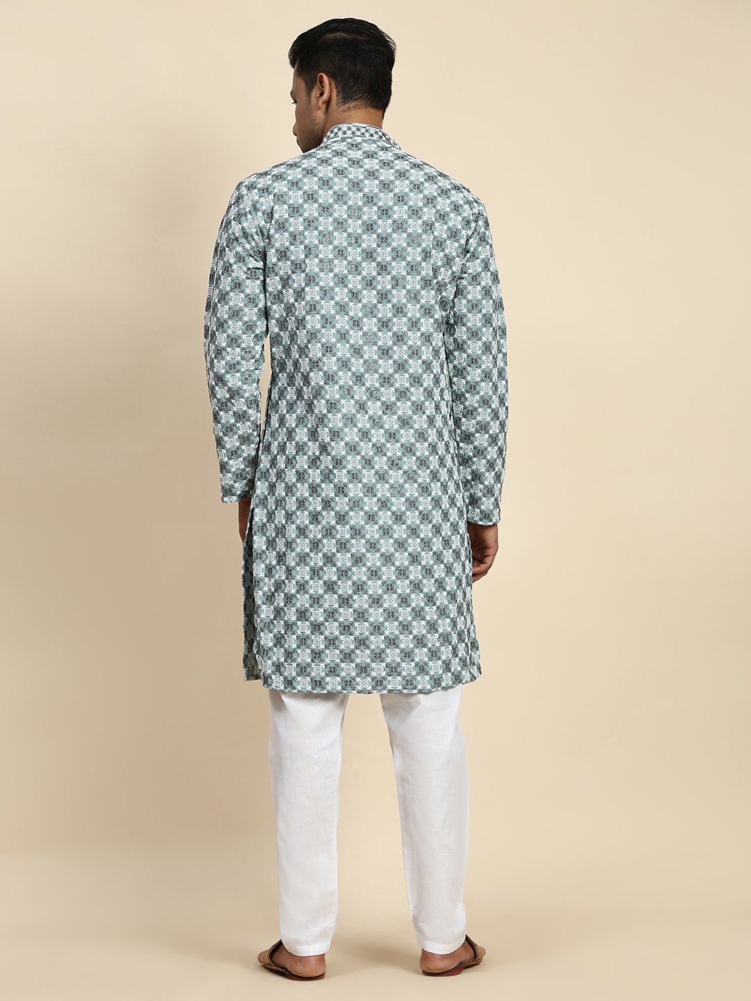 Pro-Ethic Style Developer Firozi & White Cotton Regular Fit Embellished Kurta Bottom Set