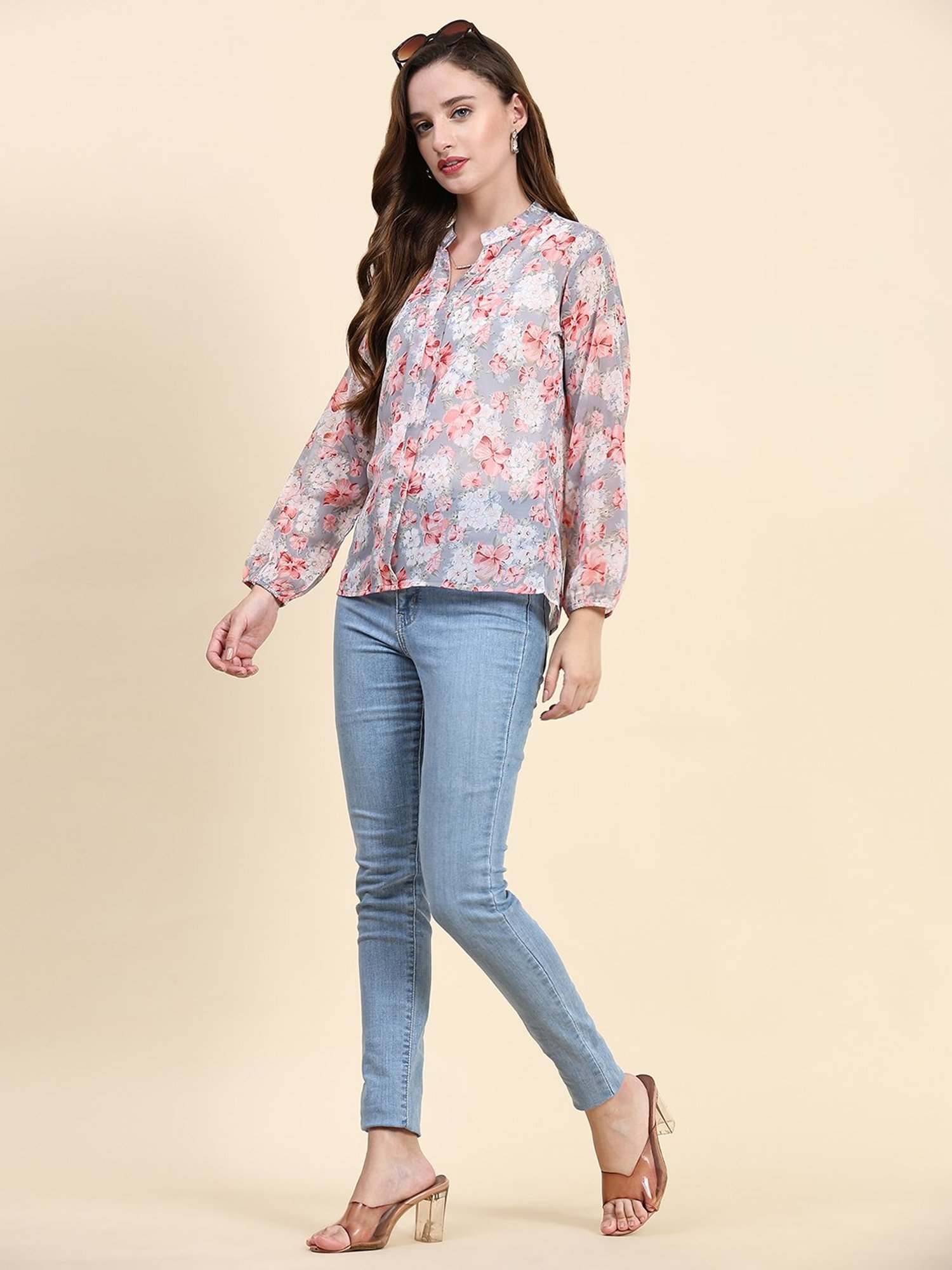 KERI PERRY Grey Floral Print Top