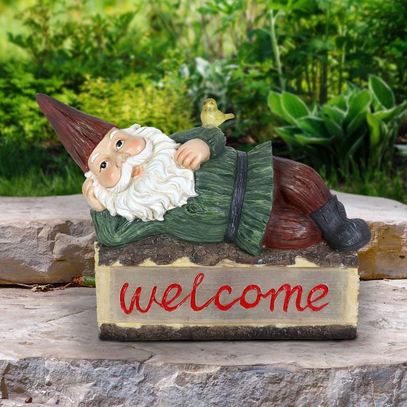 14" Solar Gnome On Welcome Log Resin Statue Green - Exhart