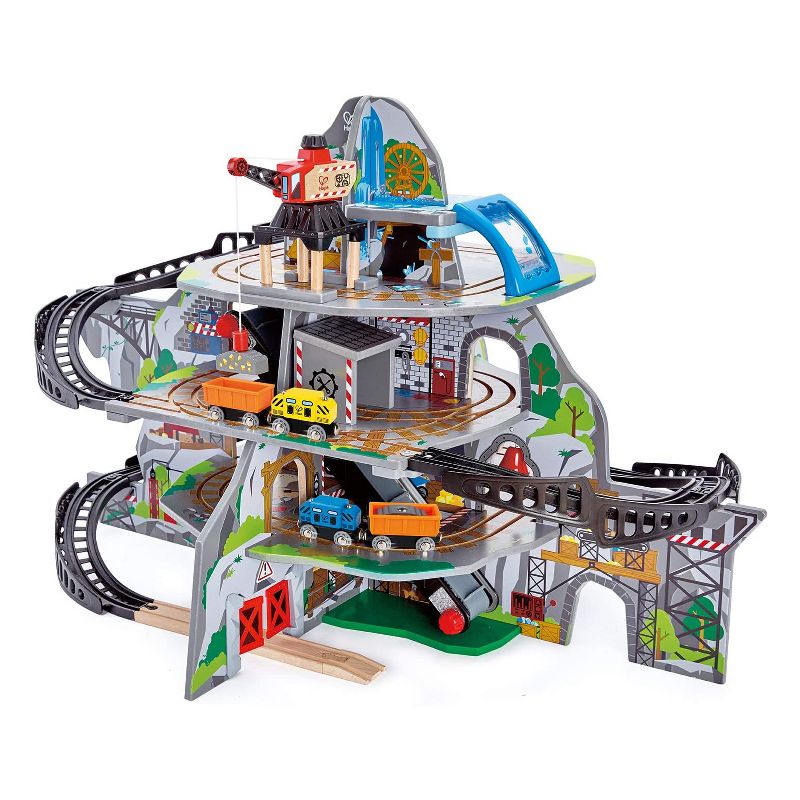 Hape Kids Wooden Railway Cargo Multi Level Train Station Mighty Mountain Mine Toy Play Set with Waterfall Tunnel, Bridge, and Crane