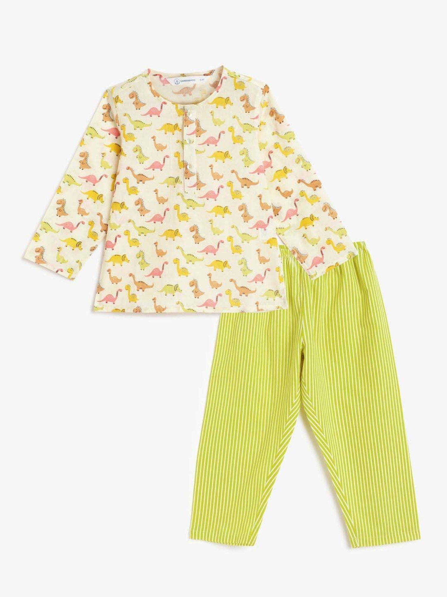 Campana Kids White & Green Cotton Printed Full Sleeves T-Shirt & Trouser