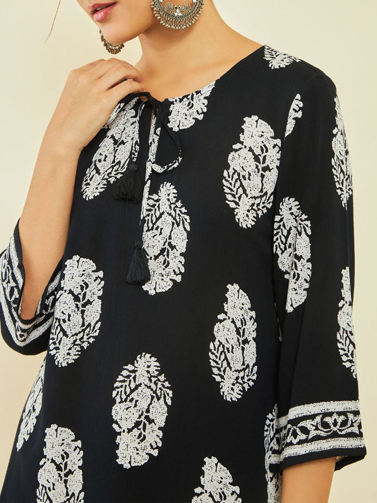 Soch Black Crepe Floral Print Round-Neck Tunic with Vented Hemline
