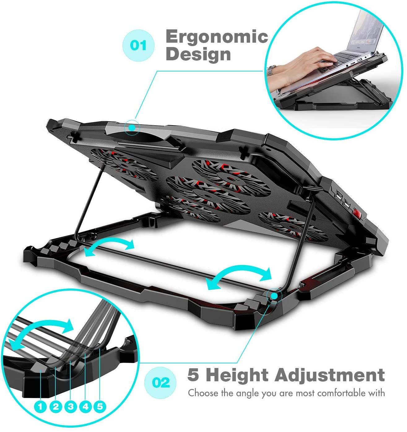 Laptop Cooling Pad Computer Quiet Cooler with 5 Quiet Fans and 2 USB Ports, Portable Cooling Stand with LED Light for 14-17 Inch Laptop (Red)