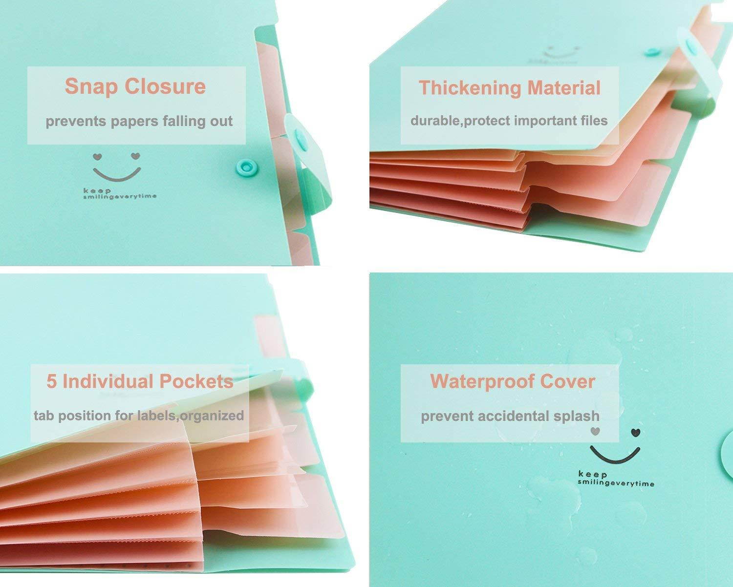 Placstic Expanding File Folders Accordion Document Organizer 5-Pocket A4 Letter Size with Snap Closure for School and Office,2-Pack,Green