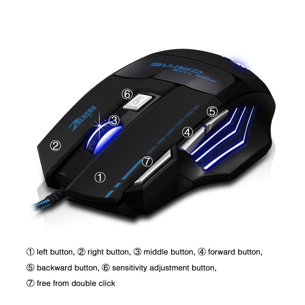 ZELOTES T-80 Gaming Mouse 7200 DPI Backlight Multi Color LED Optical 7 Button Mouse Gamer USB Wired Gaming Mouse for Pro Gamer