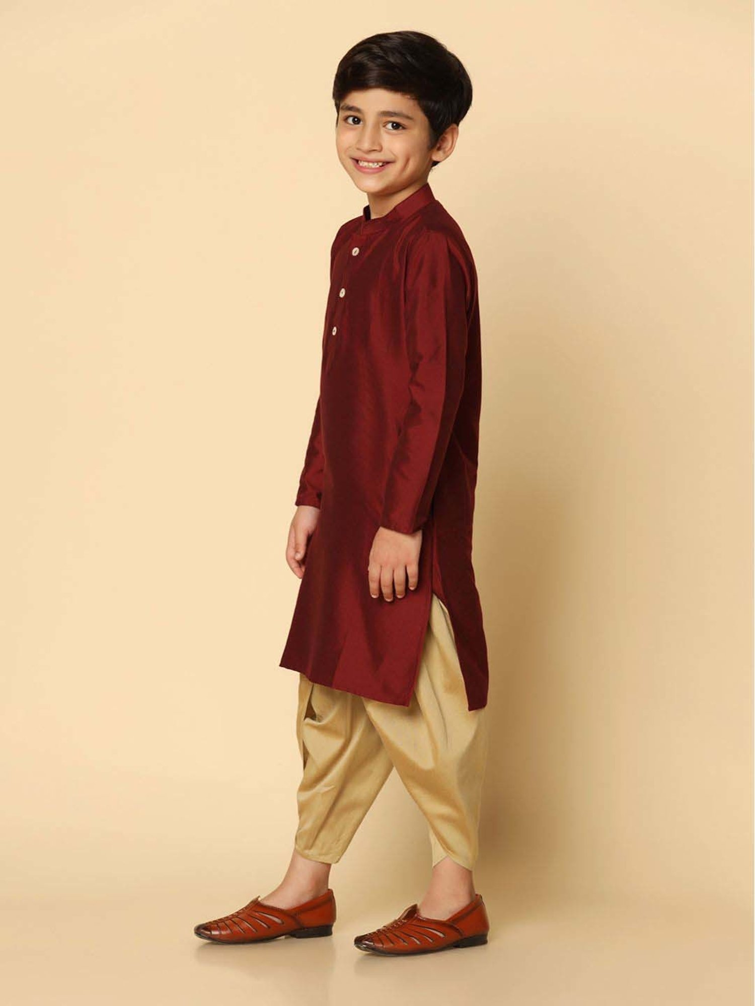 KISAH Kids Maroon & Golden Regular Fit Full Sleeves Kurta Set
