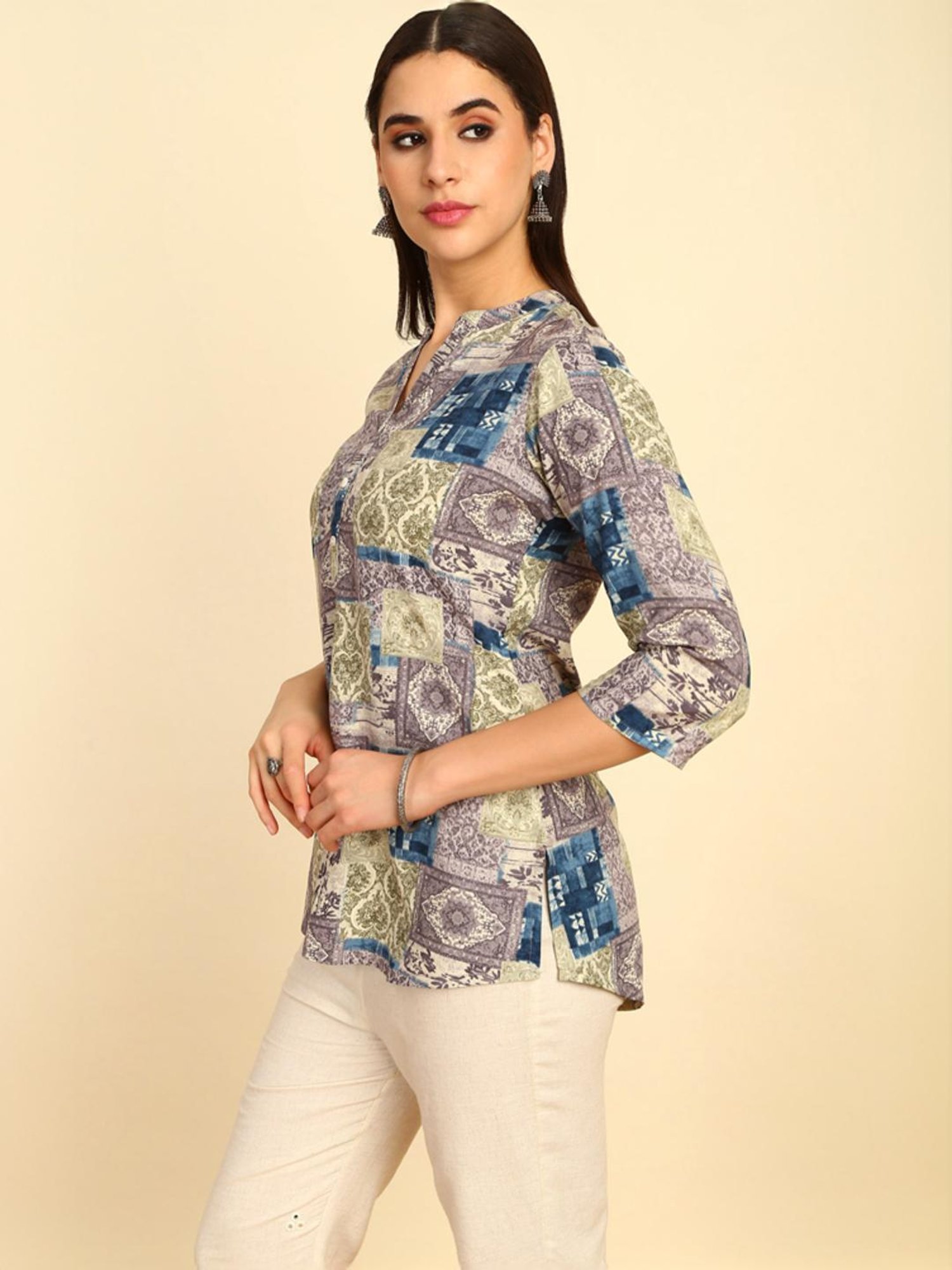 Soch Womens Grey Rayon Ethnic Motifs Foil Printed Tunic