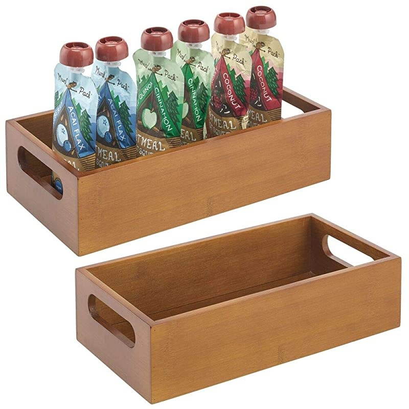 Bamboo Wood Compact Food Storage Bin with Handle for Kitchen Cabinet Pantry Shelf to Organize Seasoning Packets Powder Mixes Spices Packaged Snacks 2 Pack Brown