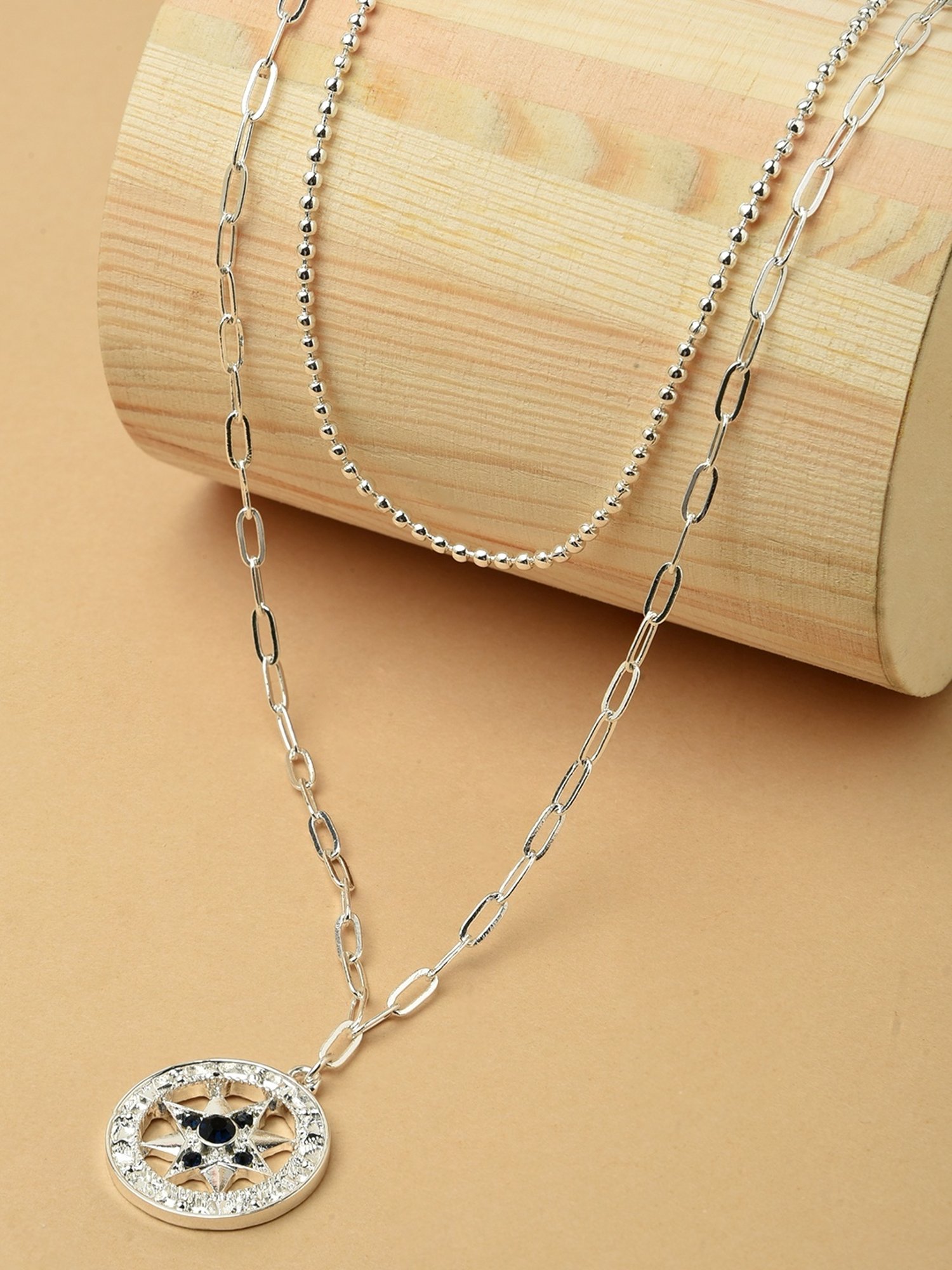 The Bro code Black Silver-Plated Round CZ Studded Charm Ball Chain Layered Necklace for Men