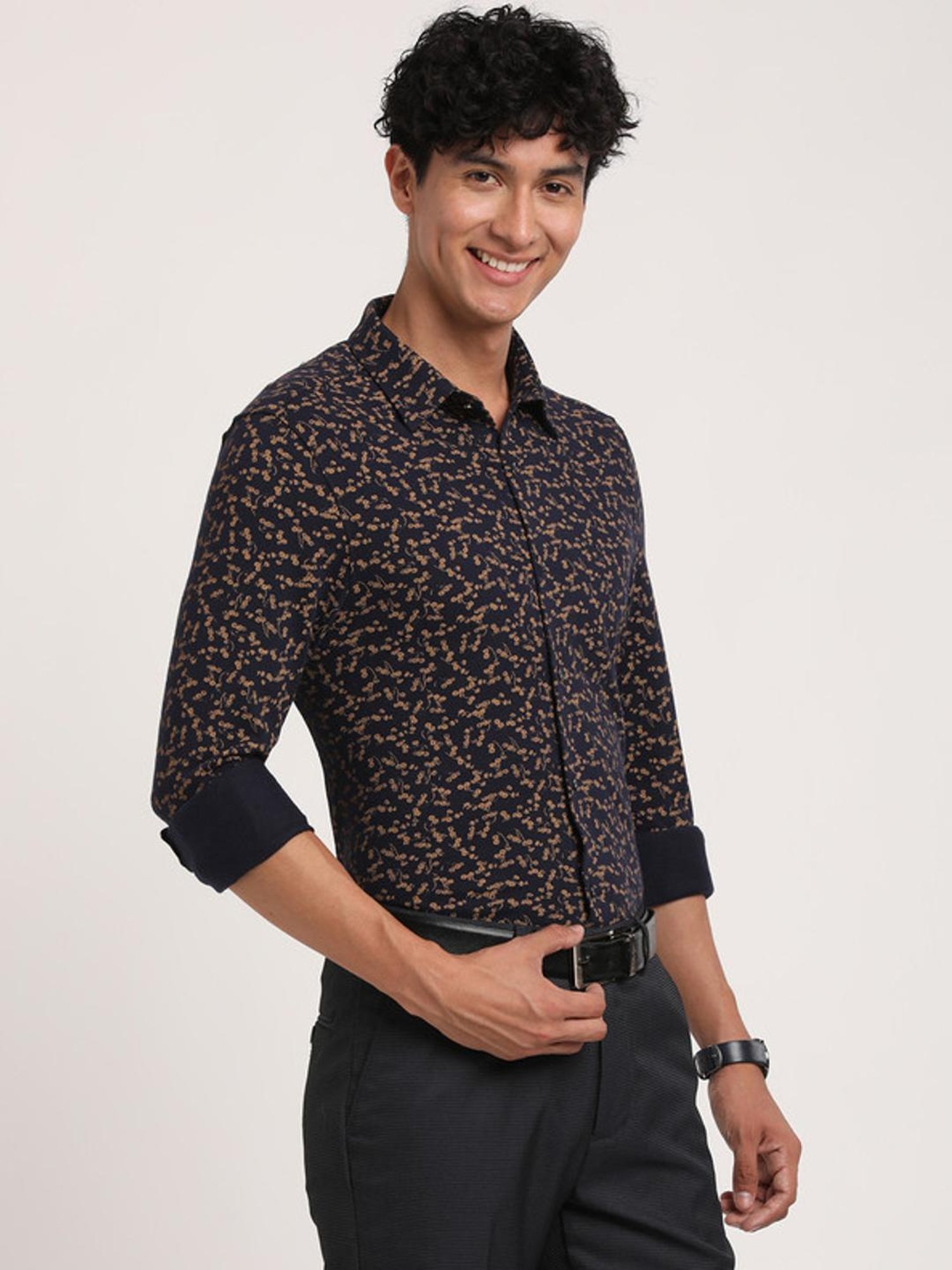 Sojanya Blue Cotton Regular Fit Self Pattern Shirt