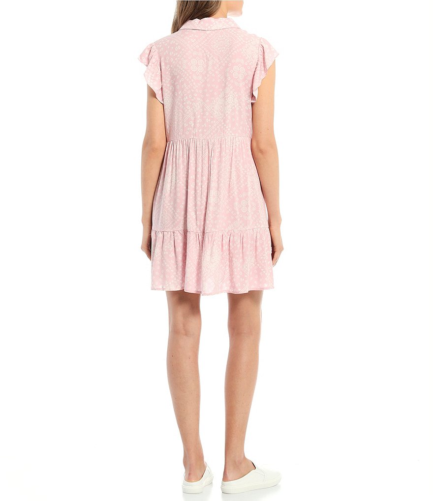 June & Hudson Button Front Flutter Sleeve Tiered Hem Dress