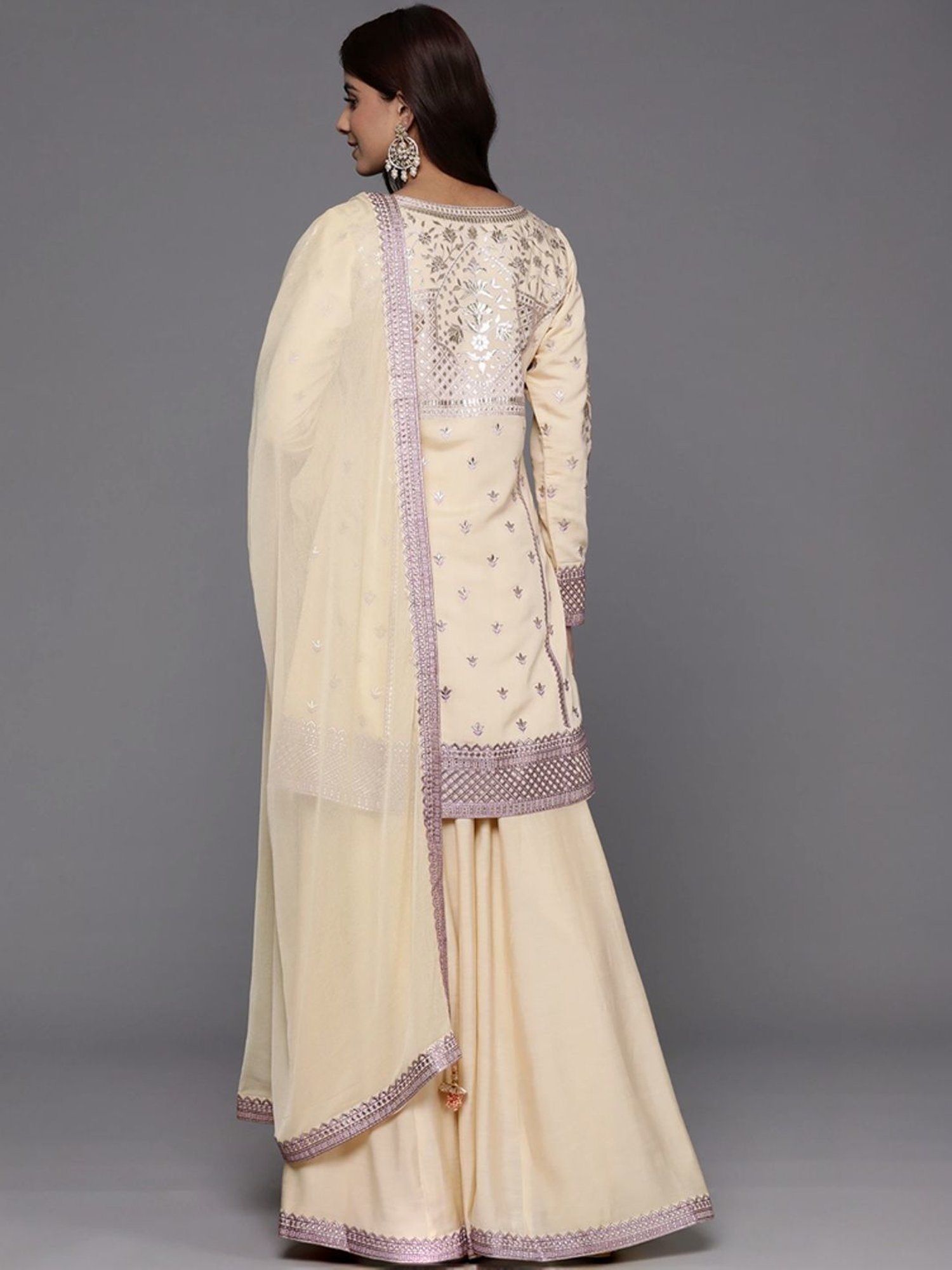 Libas Art Beige Embroidered Kurti Palazzo Set With Dupatta