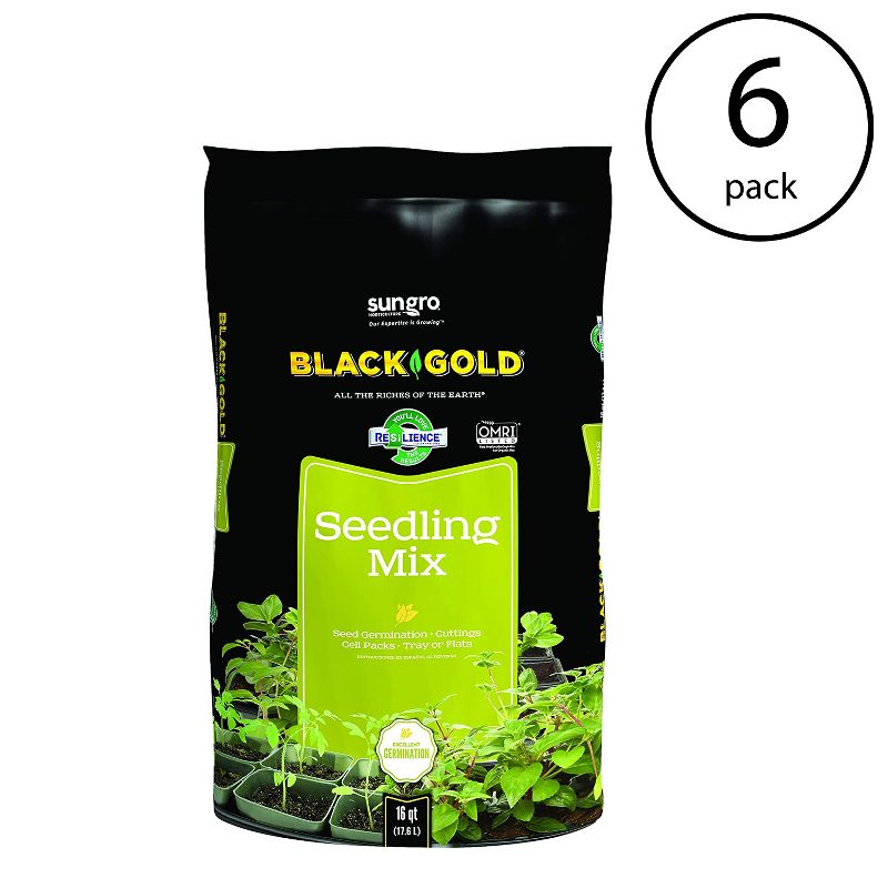 SunGro Black Gold Seedling Germination Mix for Seeds, Cutting, Vegetables, and Herbs, 16 Quart Bag (6 Pack)
