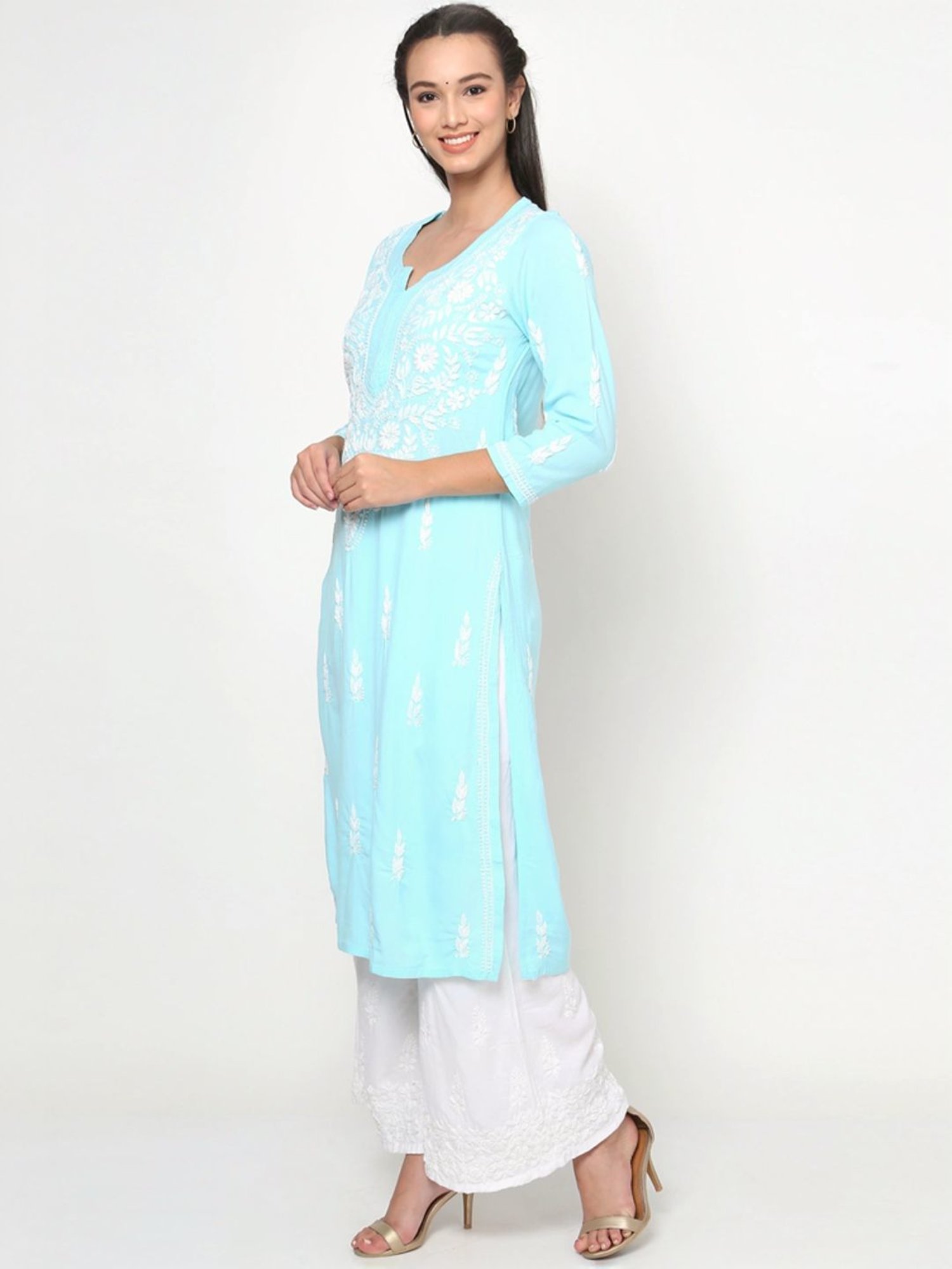 PARAMOUNT CHIKAN Aqua Blue Hand Embroidered Chikankari Straight Kurta
