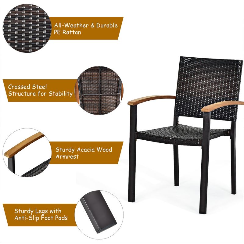 Costway 7 PCS Patio Rattan Dining Set Acacia Wood Table Top Stackable Chair