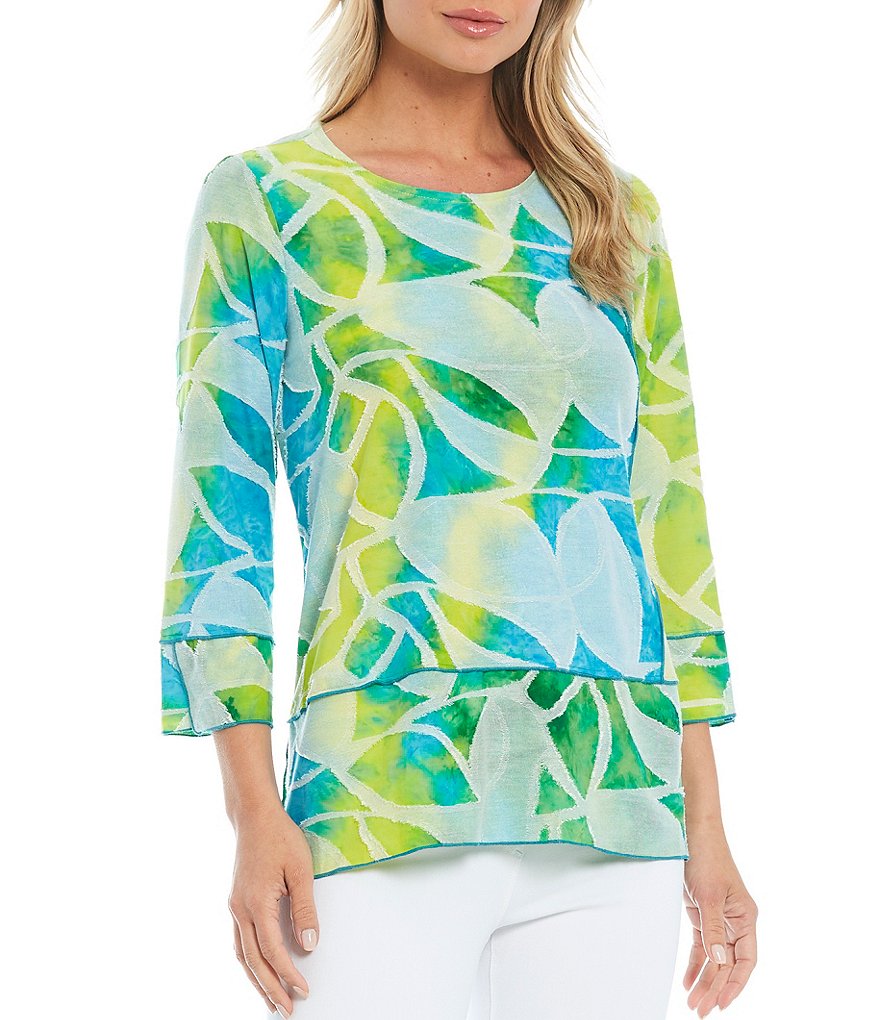 Ali Miles Tropical Tie Dye 3/4 Sleeve Jewel Neck Jacquard Top