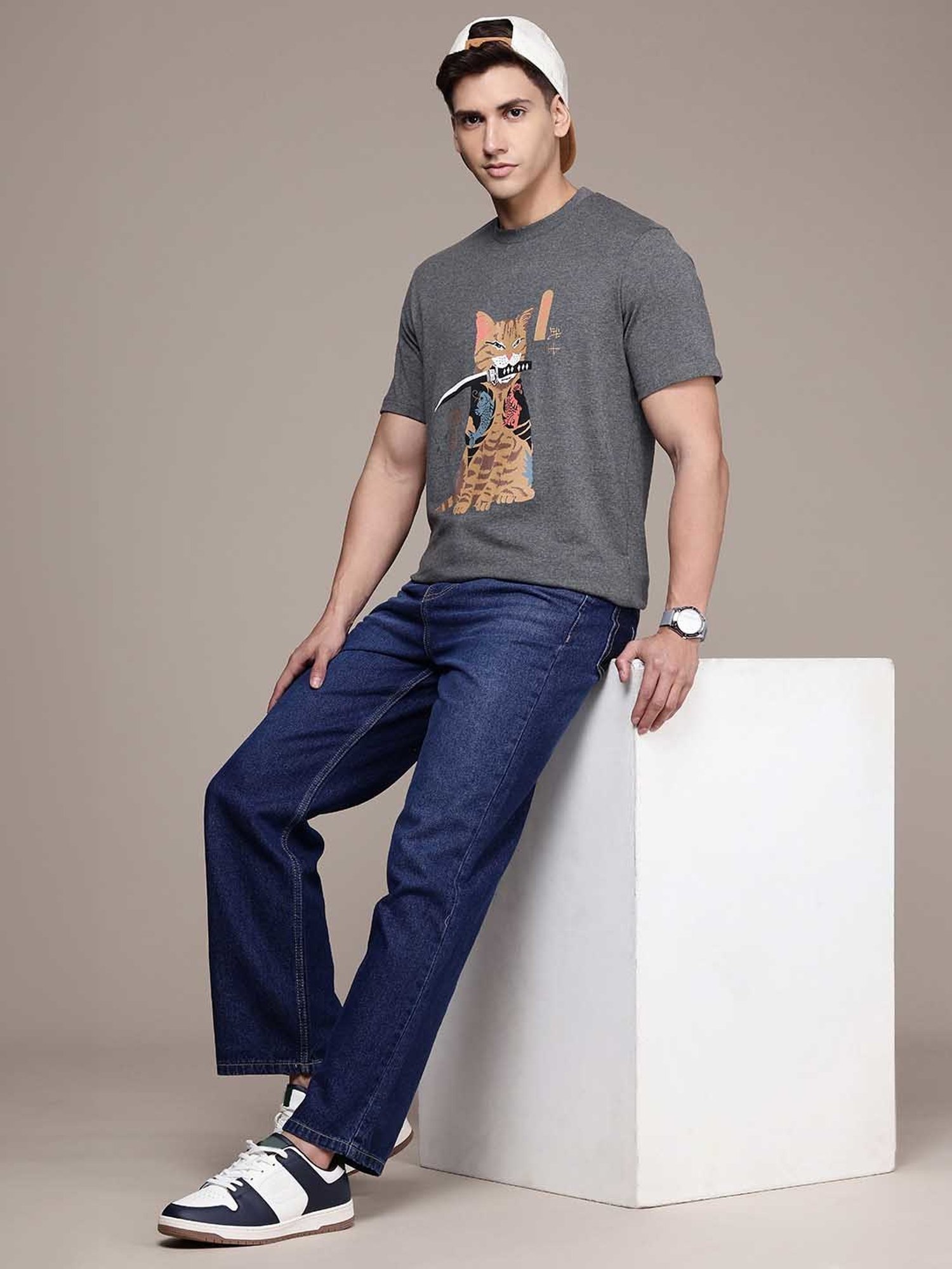Burnt Umber Grey Regular Fit Graphic Print Crew T-Shirt