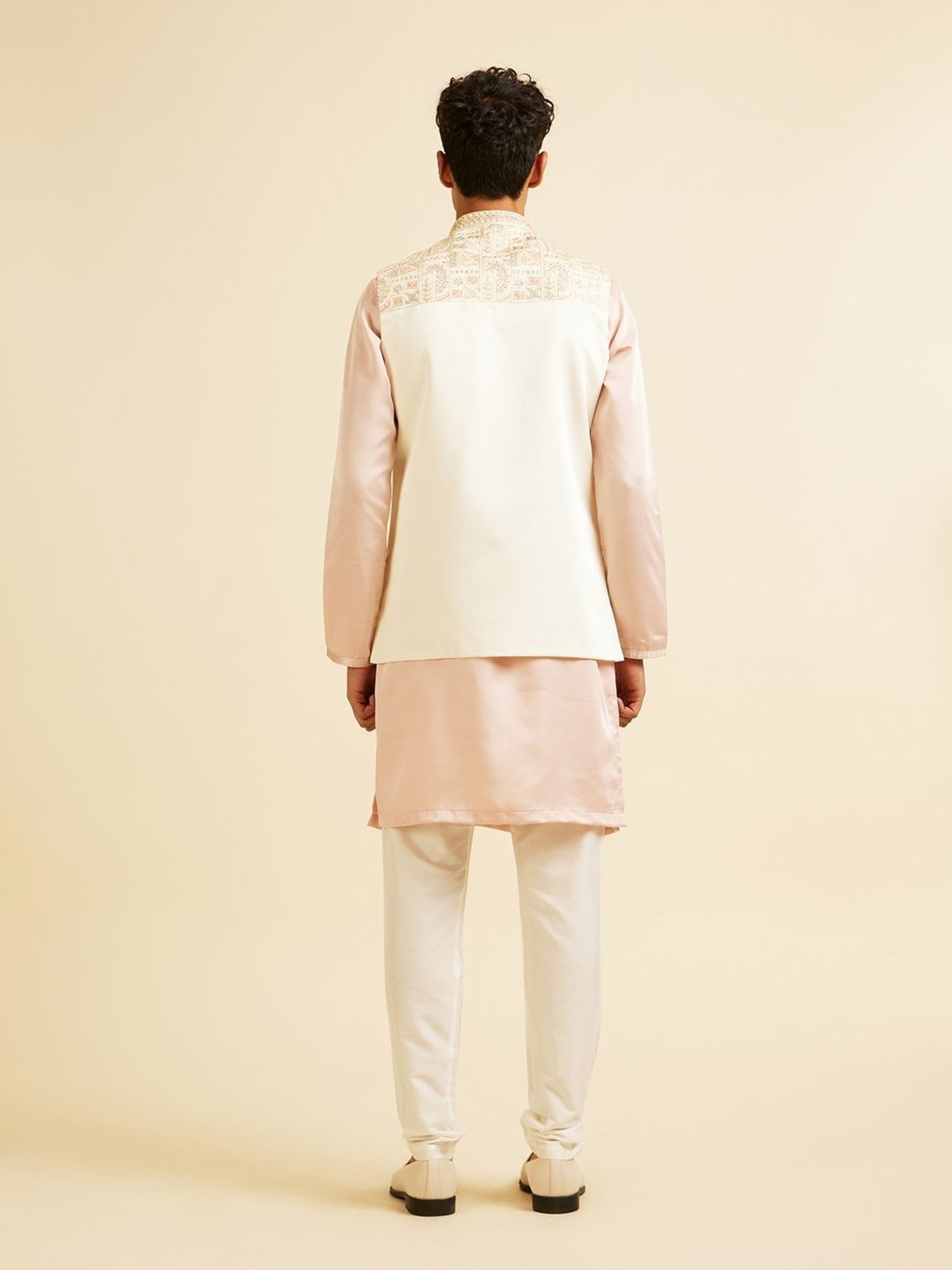 Manyavar Cream Satin Regular Fit Printed Nehru Jacket