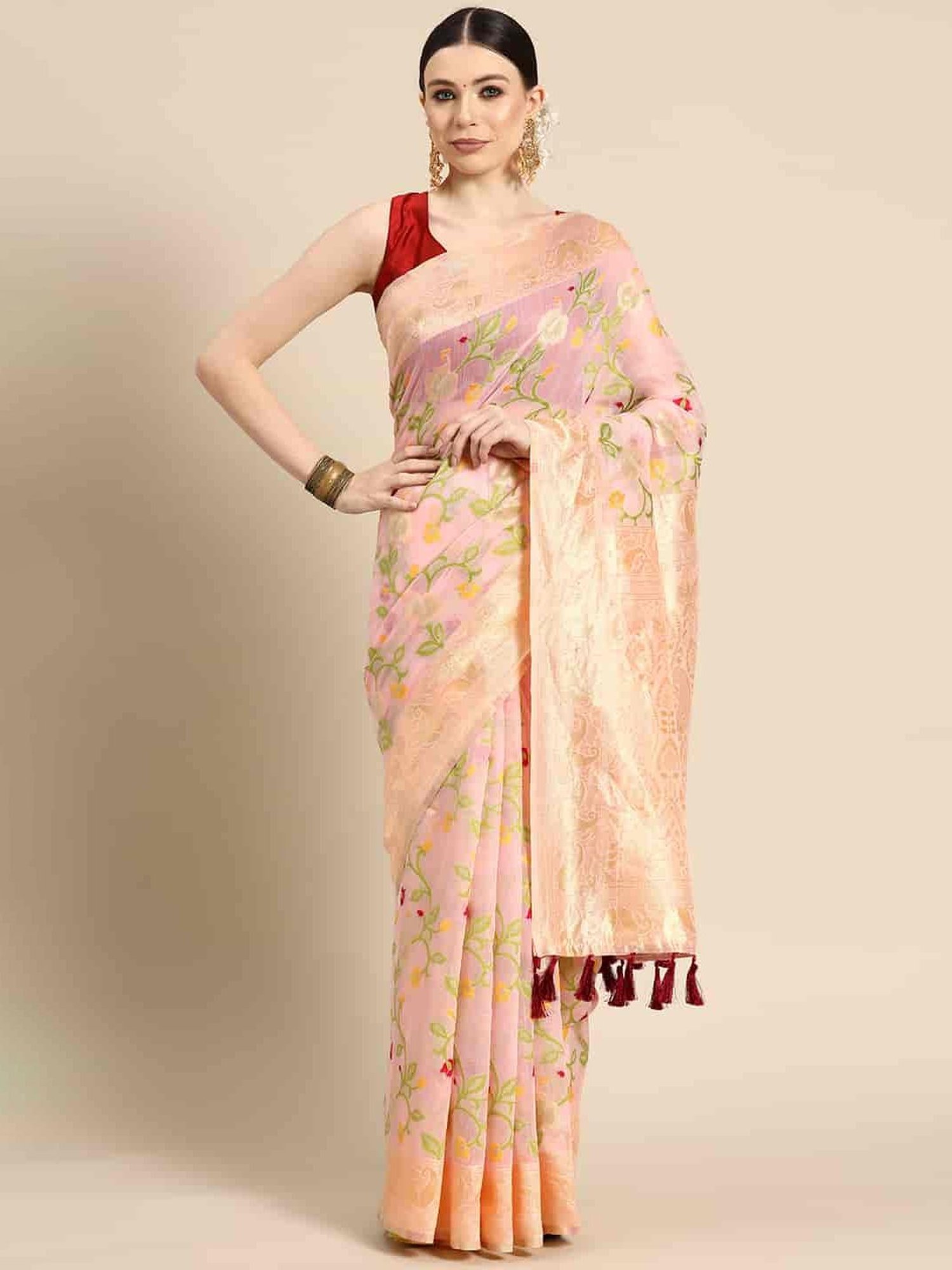 Silk Land Pink Cotton Woven Saree With Unstitched Blouse