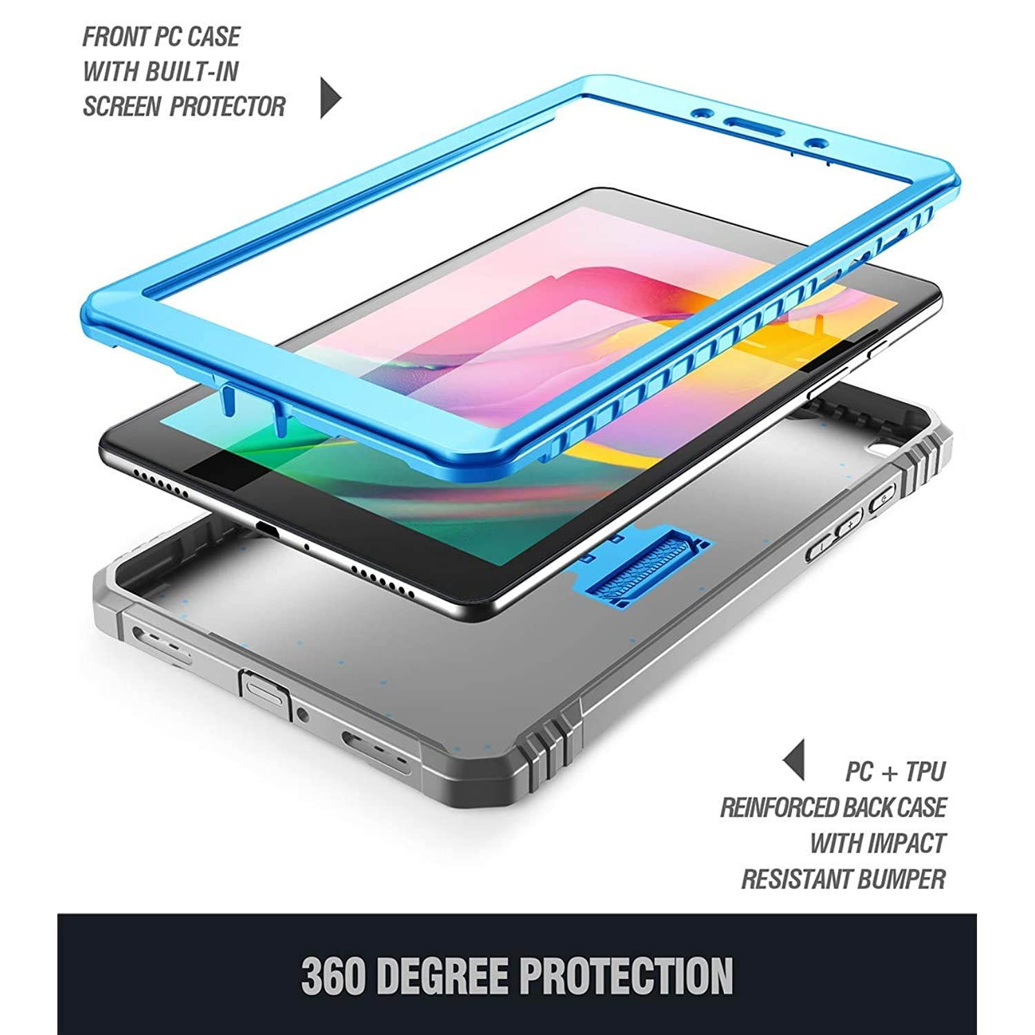 Galaxy Tab A 8.0 2019 Rugged Case with Kickstand,SM-T290 SM-T295, Poetic Full Body Shockproof Cover, Built-in-Screen Protector, Revolution, for Samsung Galaxy Tab A Tablet 8.0 Inch (2019), Blue/Gray