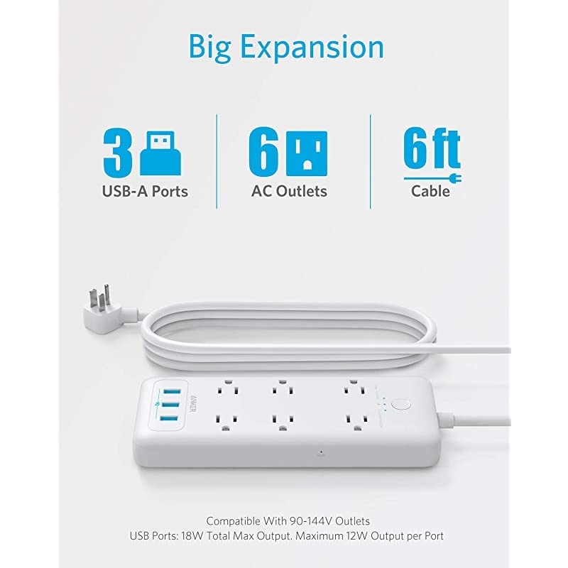 Protector Power Strip Anker 6 Outlet amp 3 PowerIQ USB Charging Ports USB Power Strip PowerPort Strip 6 with 66 Foot Long Extension Cord Flat Plug for Home Office and More 1280 Joule