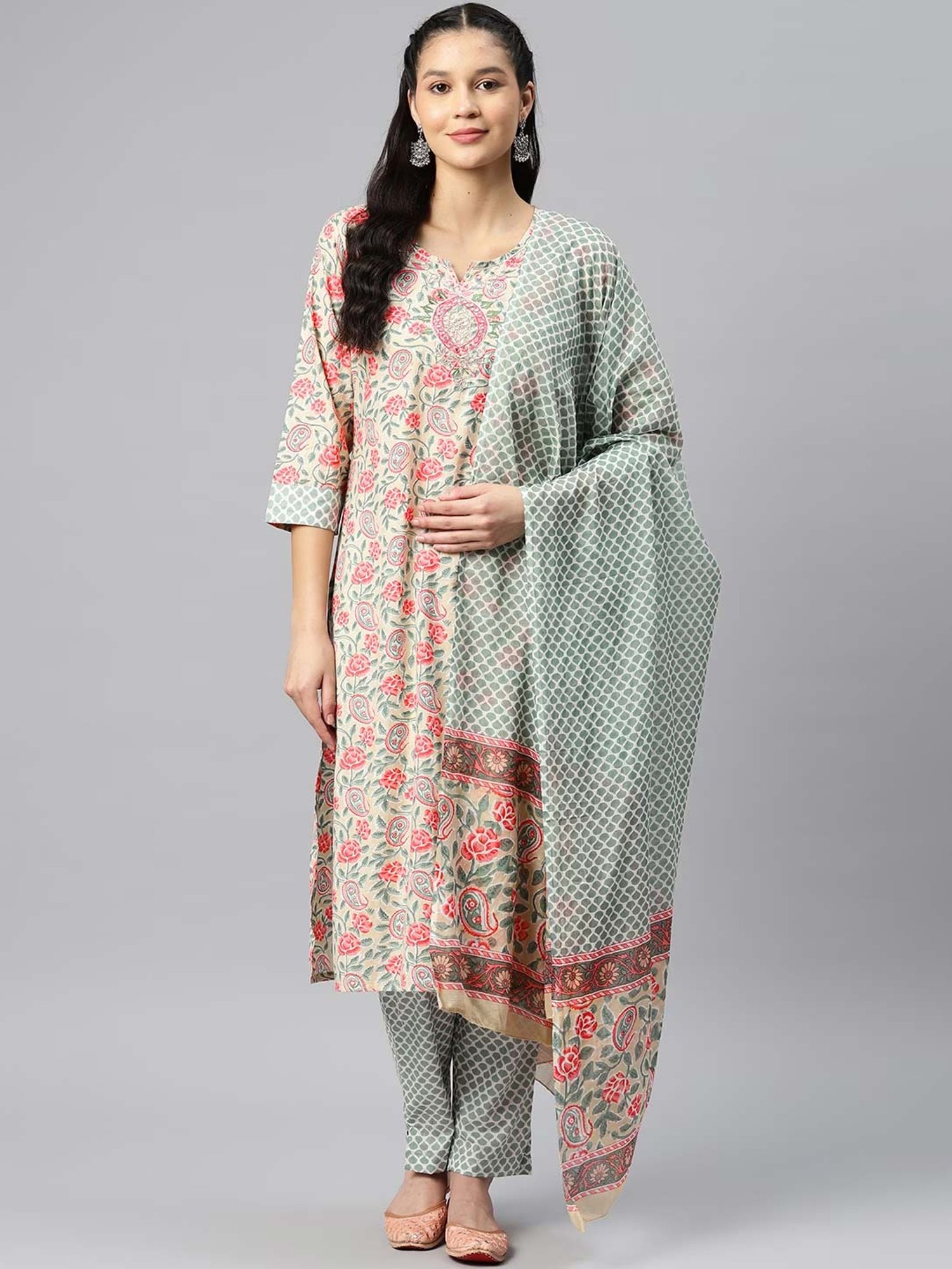 READIPRINT FASHIONS Beige & Blue Cotton Floral Print Kurta Pant Set With Dupatta