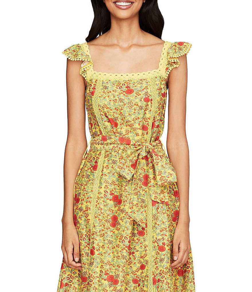 Roller Rabbit Ruffle Shoulder Cotton Voile Midi Square Neck Swing Dress