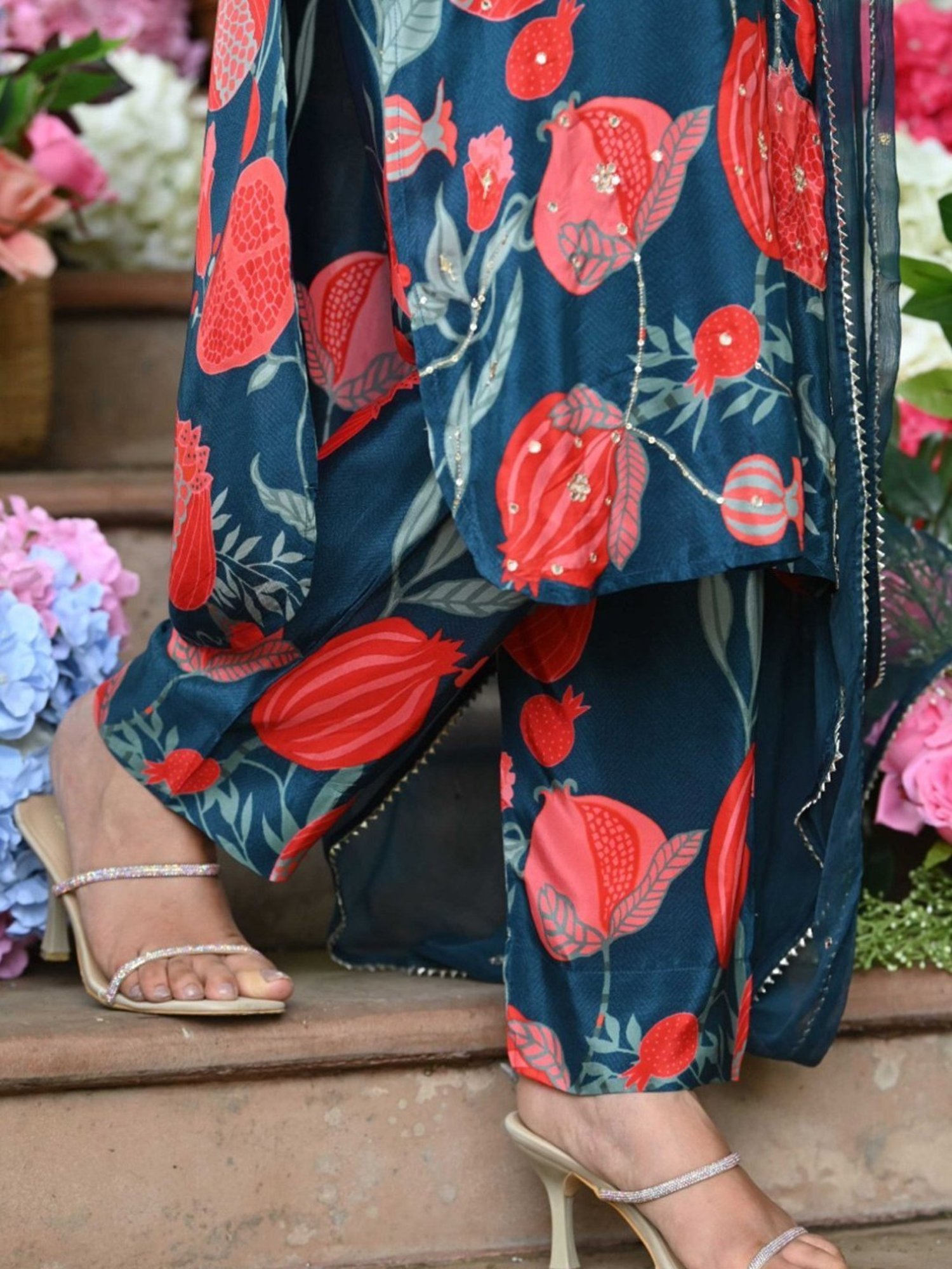 Mahee Jaipur Blue Anar Print Crepe Kurta with Pant and Chiffon Dupatta