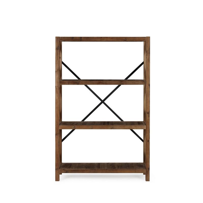 71" 4 Tier Farmhouse Wooden Frame Bookcase with X Shaped Back Brown - Benzara