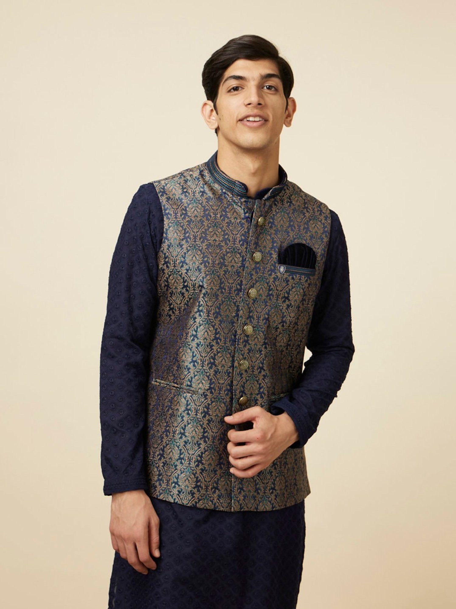 Manyavar Navy Regular Fit Embroidered Nehru Jacket