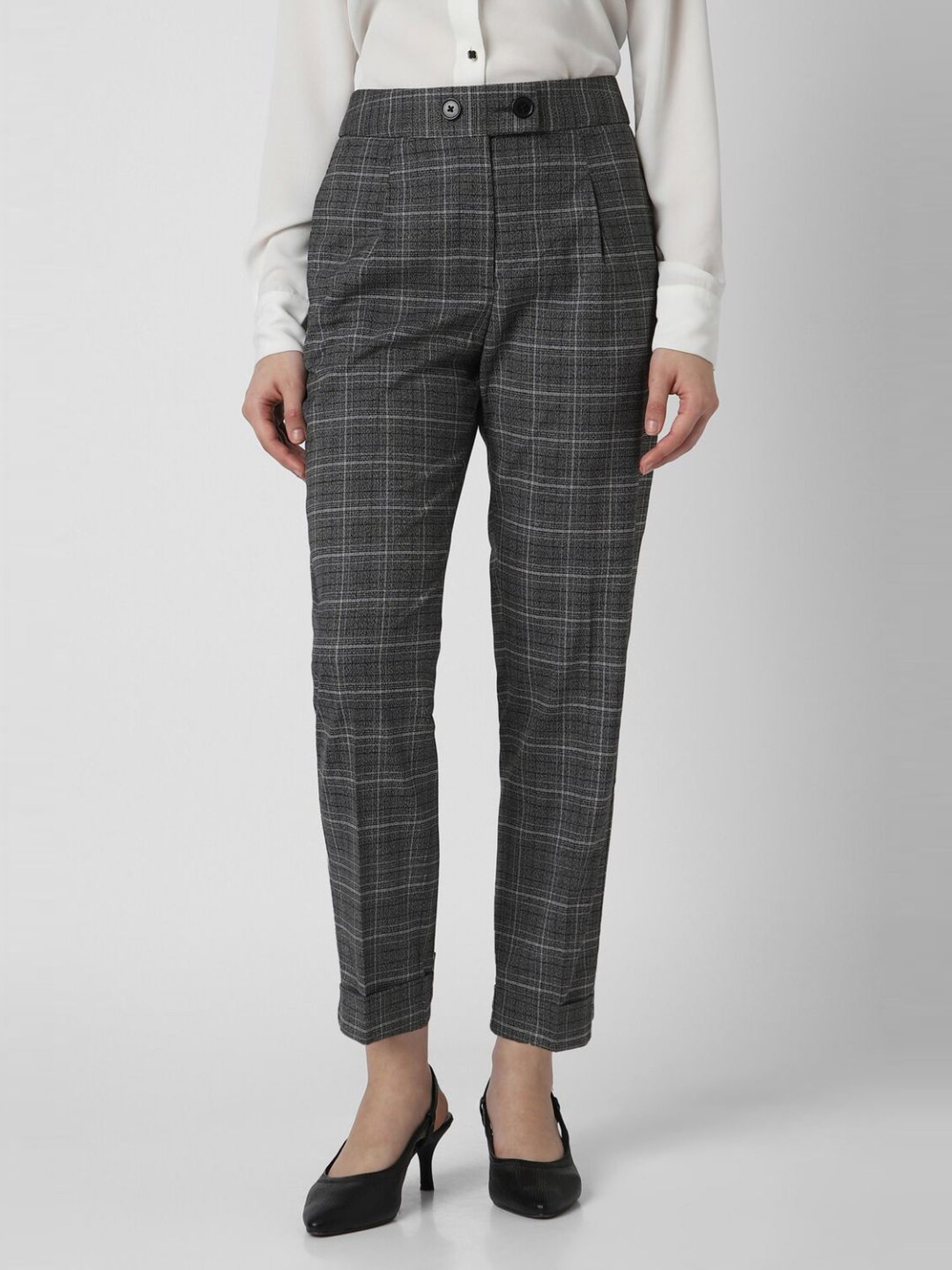 Van Heusen Grey Cotton Chequered Formal Trouser
