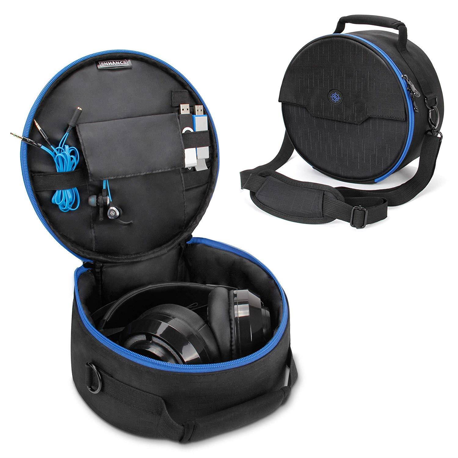 ENHANCE Gaming Headset Case for Wired & Bluetooth Wireless Headphones - Rigid & Padded Protection, Accessory Storage, Shoulder Strap & Rugged Carrying Handle - Travel Friendly Esports Design - Blue