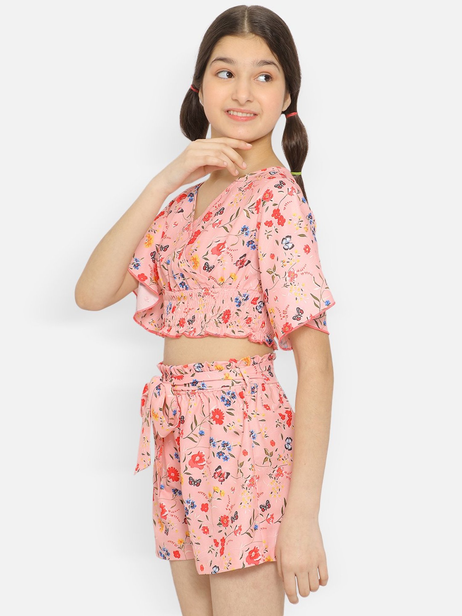 Nauti Nati Kids Peach Floral Print Top, Shorts with Waist Tie Ups