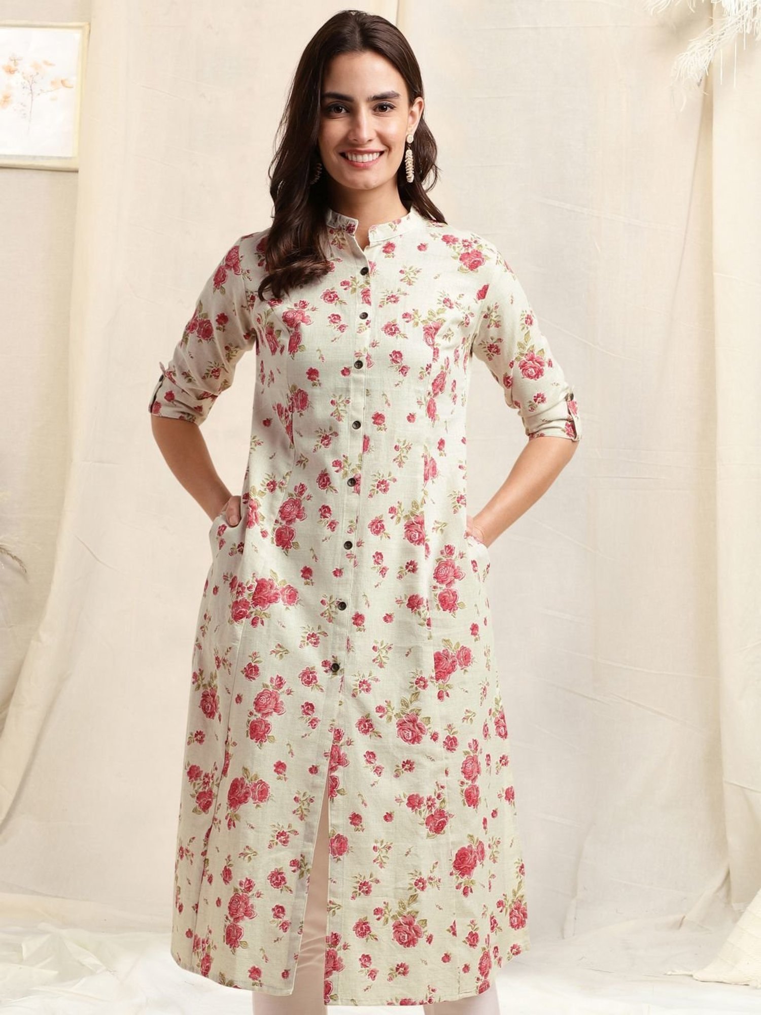 MIRCHI FASHION Beige Cotton Floral Print Straight Kurta