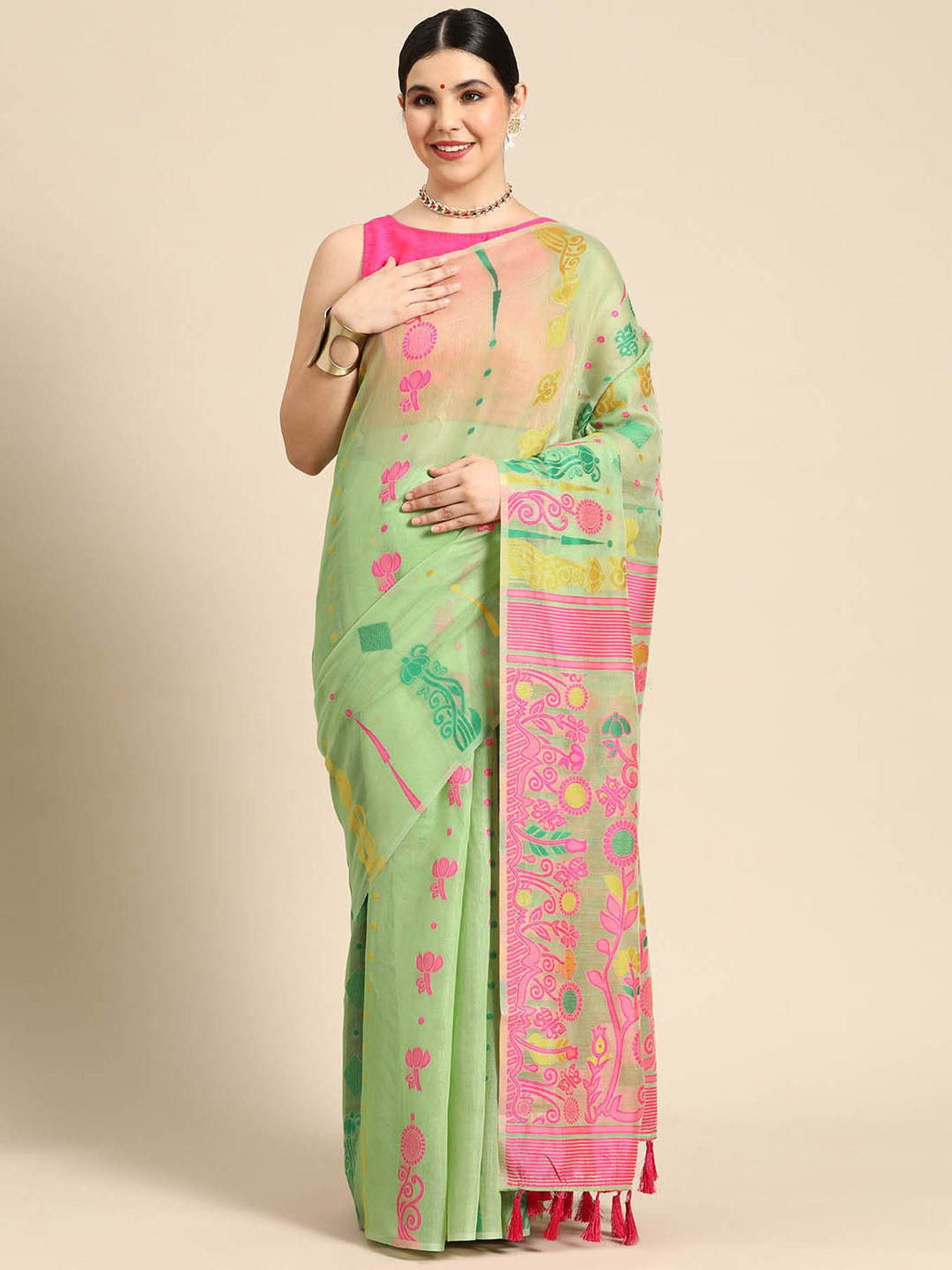 Silk Land Green Pure Cotton Woven Saree With Unstitched Blouse