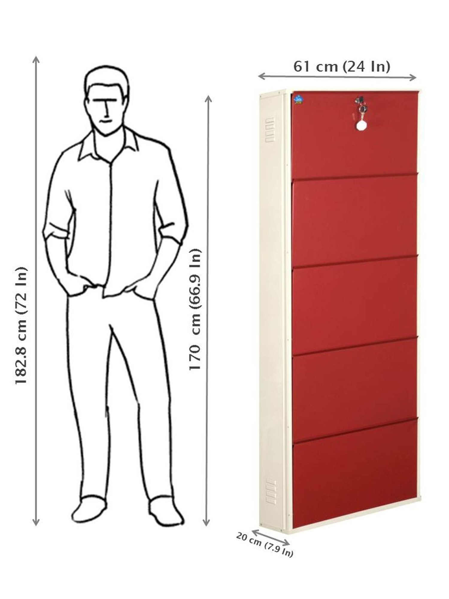 Delite Kom Metal Shoe Rack - 24"10 Shelf, Double Decker, Ivory BrickRed, PowderCoat, Wall Mount, DIY