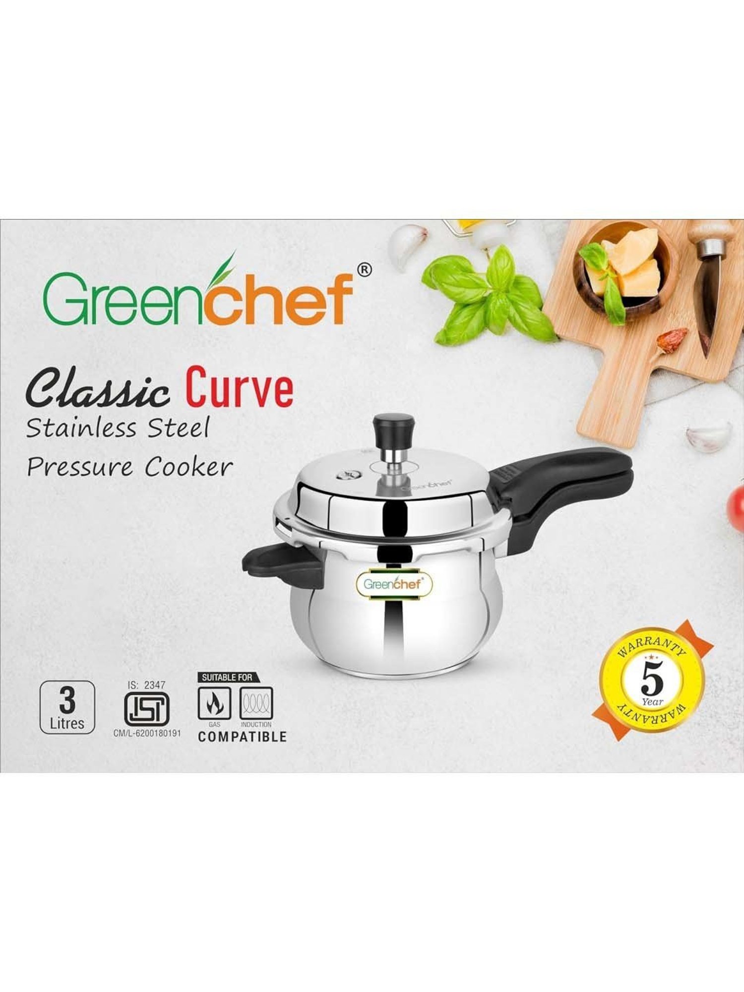 Greenchef Classic Curve Silver Stainless Steel Induction Bottom Pressure Cooker (3 L)