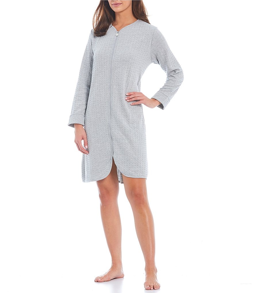Miss Elaine Heathered Waffle Knit Zip-Front Round Neck Long Sleeve Short Robe