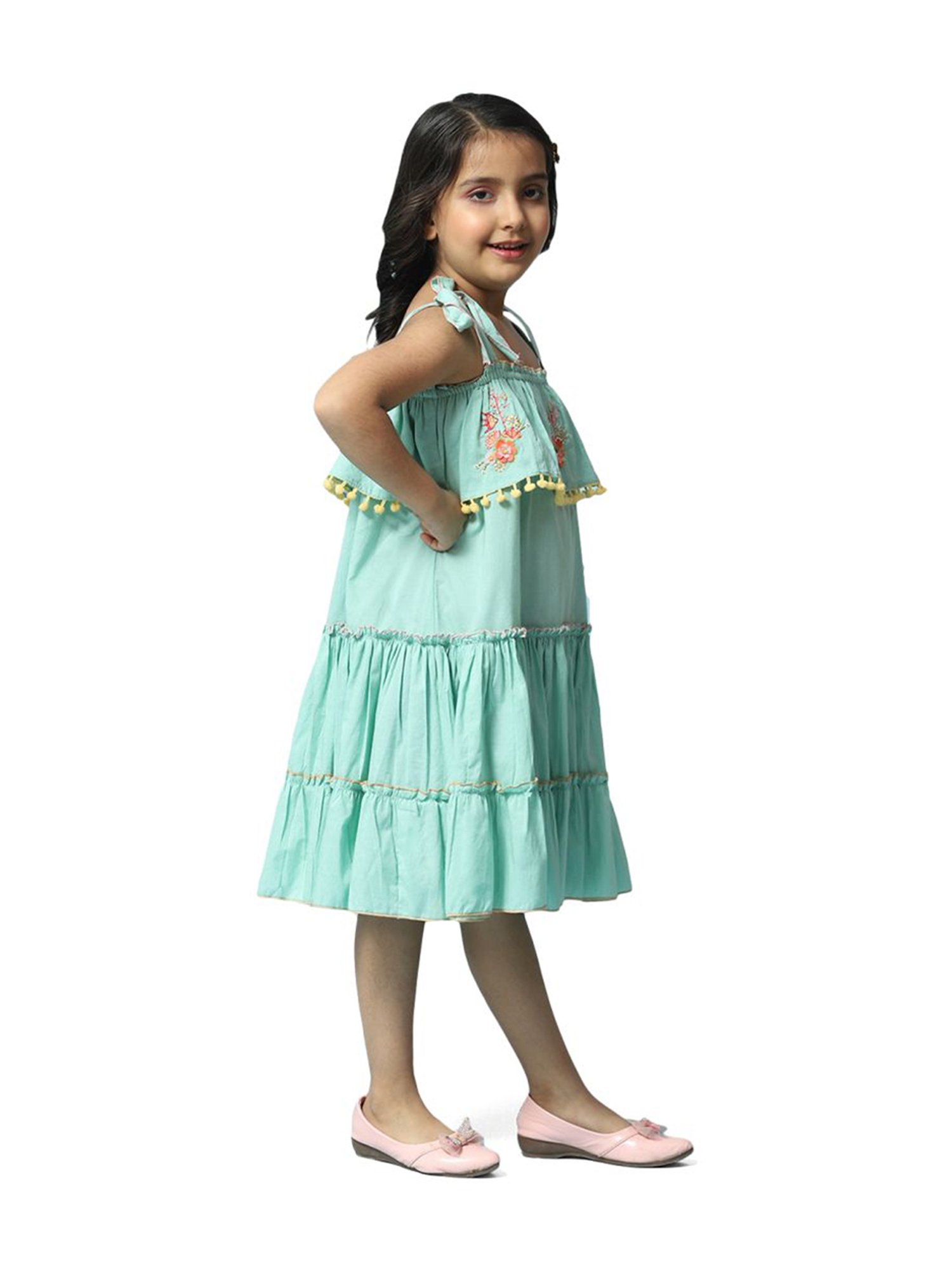 BIBA Girls Green Cotton Embroidered Dress