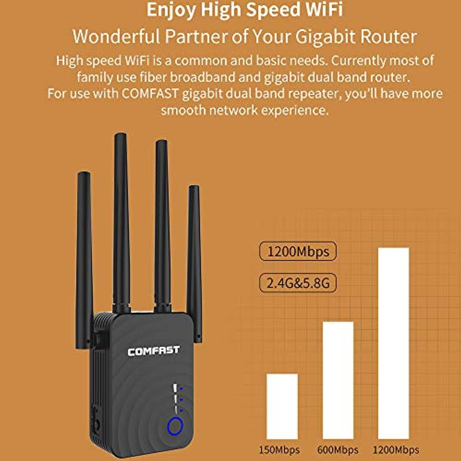 WiFi Range Extender 1200Mbps WiFi Booster AC1200 for The Hourse, Repeater 2.4  and  5GHz Dual Band WPS Wireless Signal Strong Penetrability, Wide Range of Signals(2500FT), Enjoy Gaming