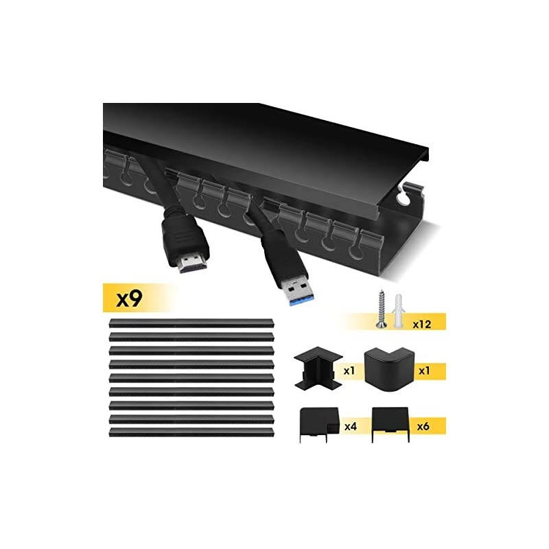 Cable Raceway Kit  Cable Management System Kit Open Slot Wiring Raceway Duct with Cover OnWall Cable Concealer Cord Organizer to Hide Wires Cords for TVs Computers 9x154inch Black