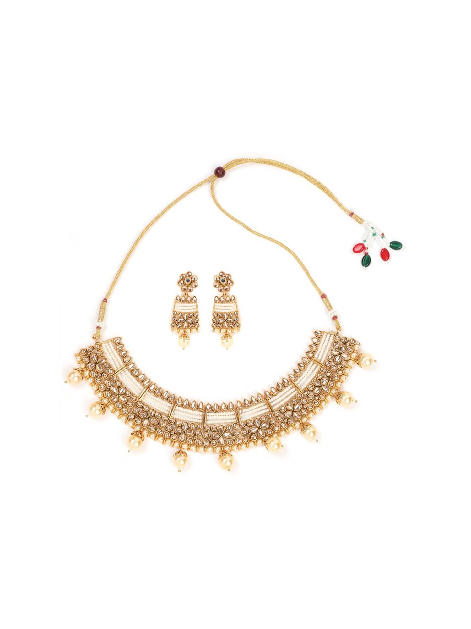 Aatmana Gold-Plated Mirror Studded White Beads Reversible Necklace & Earring Set