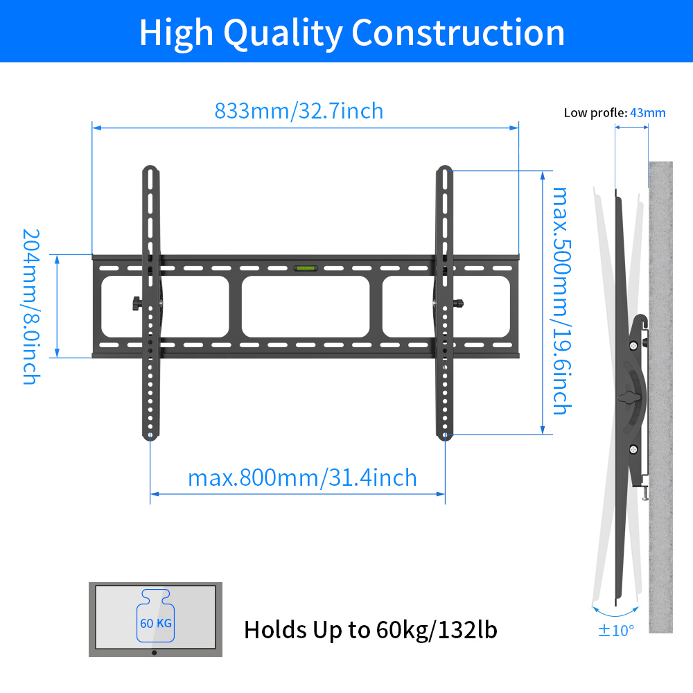Heavy Duty Low Profile Tilting Flat Panel Wall Mount, Max Panel Weight 60kg Designed for Most of 40-100 inch LED, LCD, OLED Flat Panels, Supports up to VESA 800x500mm BIGASSMOUNT60T Amer Mounts