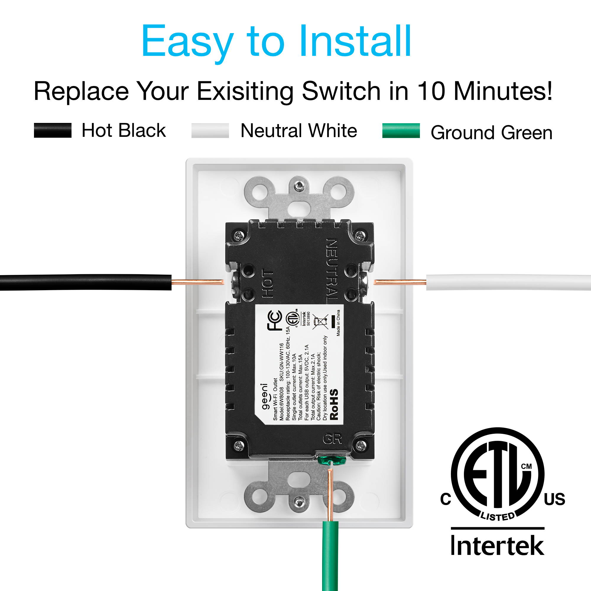 Geeni Wi-Fi Smart Wall Outlet With 2 Plugs + 2 USB Ports