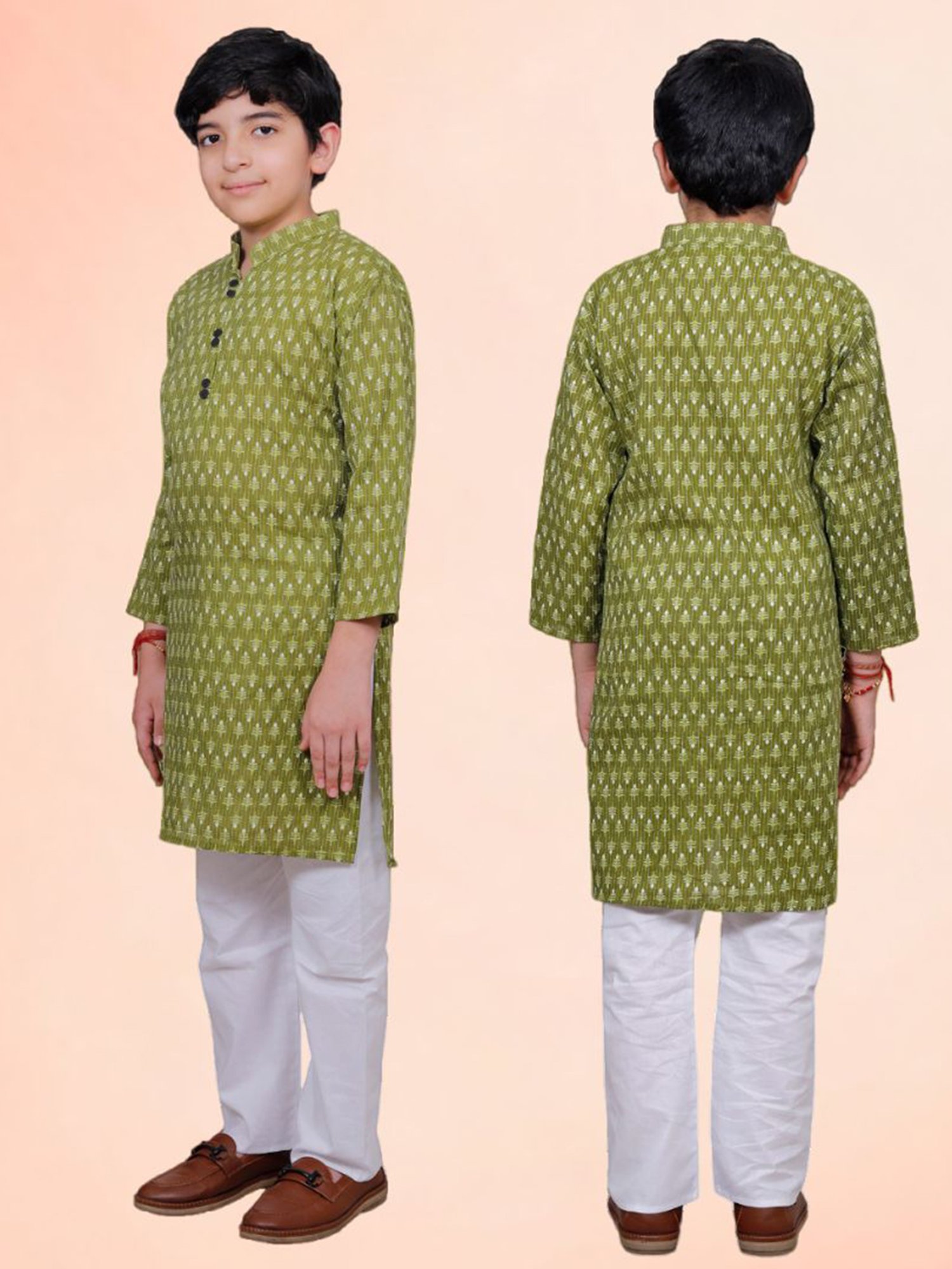 Tippy Top Kids Olive & White Printed Full Sleeves Kurta with Pyjamas