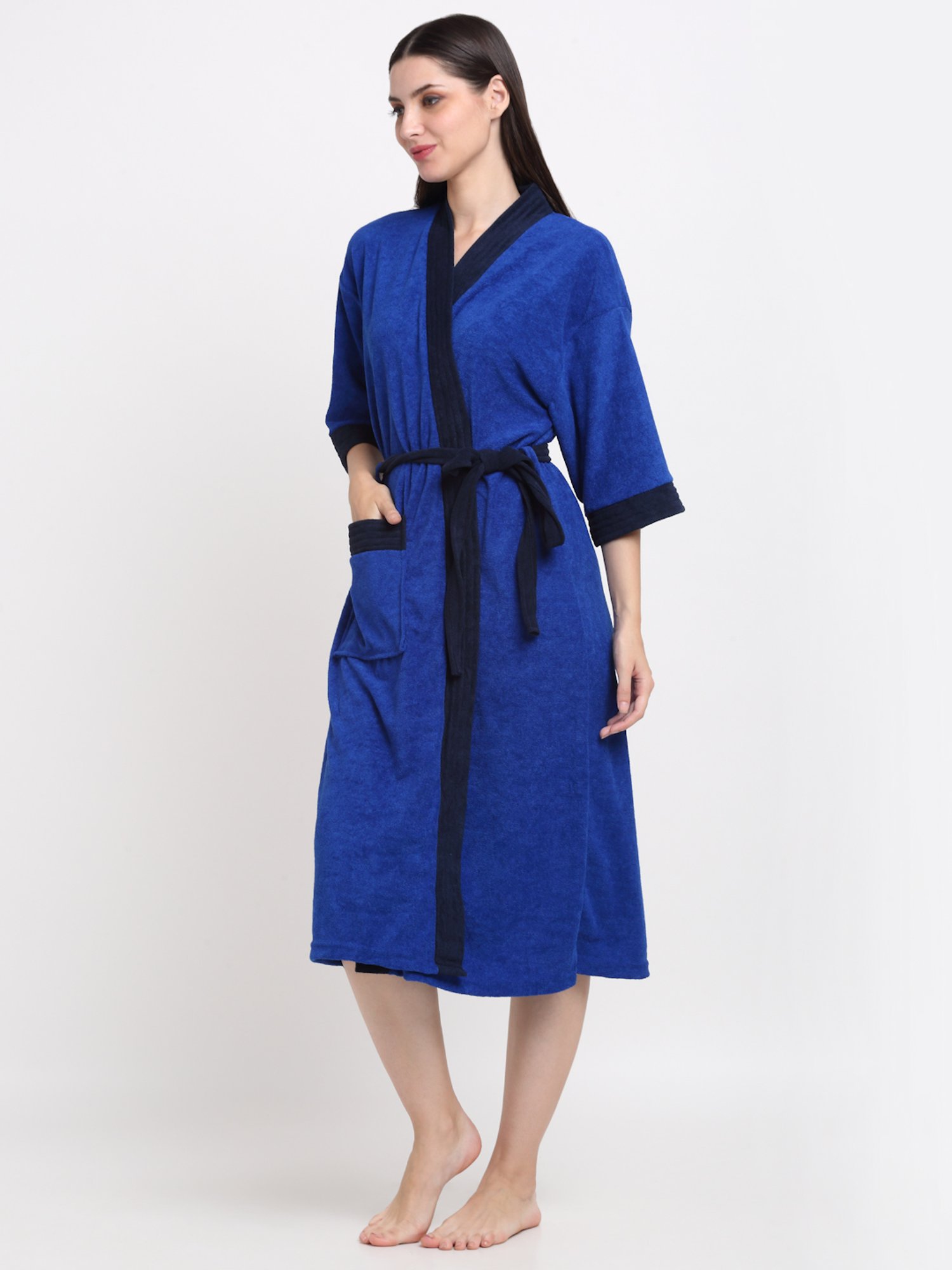 Creeva Everyday Turkish & Navy 225 GSM Micro Terry Bathrobe with Front Pocket & Kimono Collar