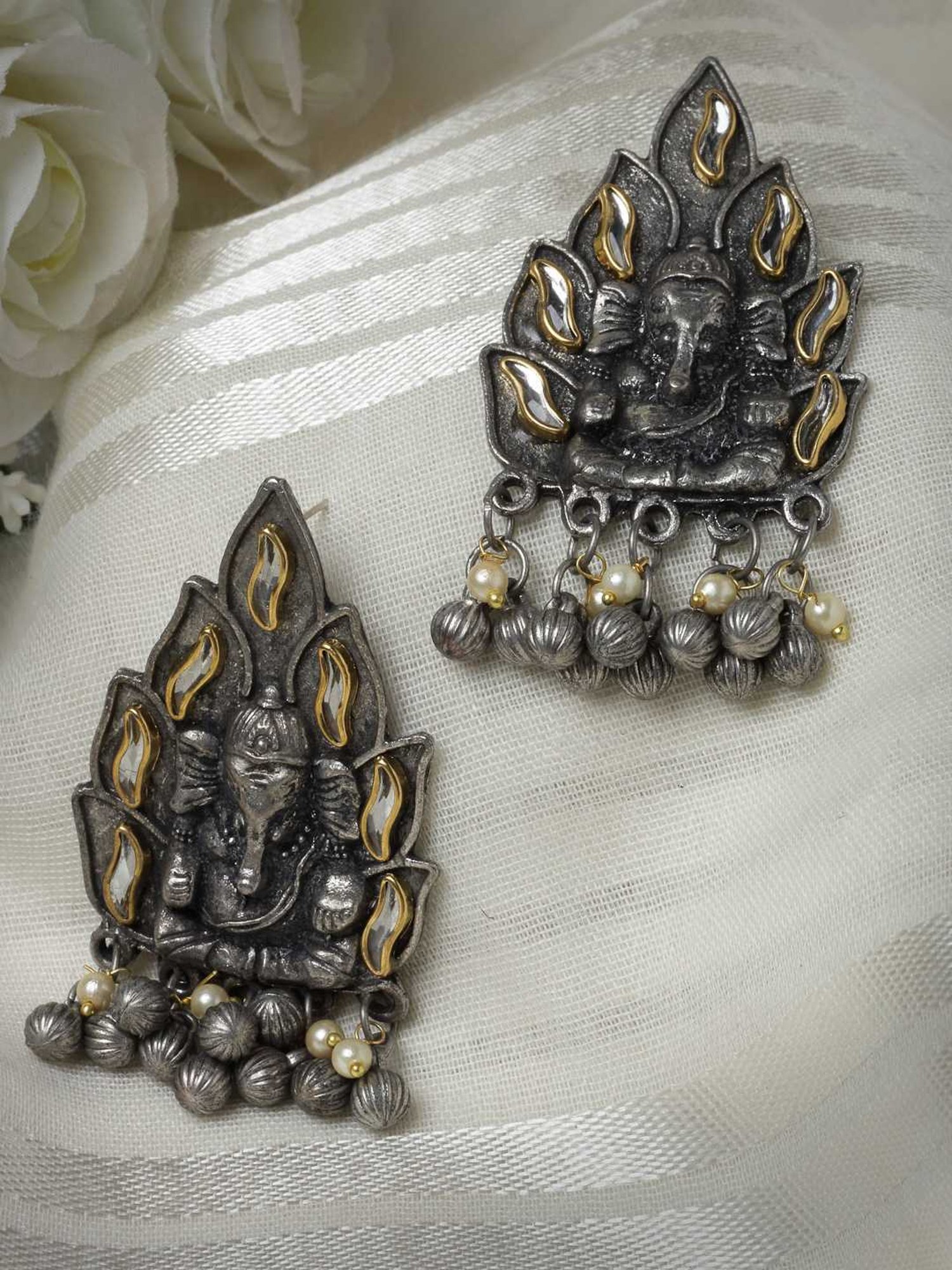 Moedbuille Kundan and Pearls Temple Tasselled Design Oxidised Silver Plated Ganesha Earrings