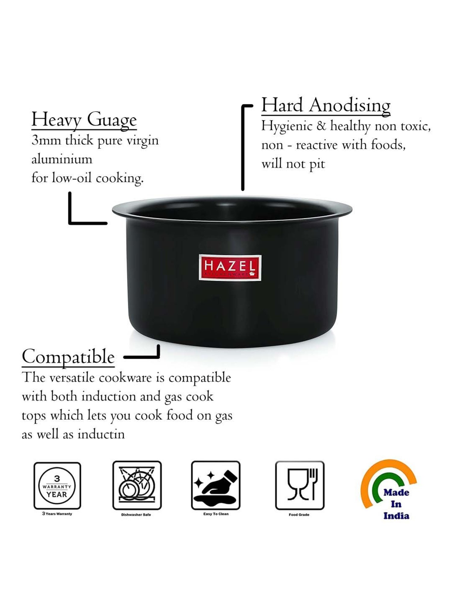 HAZEL Black Stainless Steel 18 cm Induction-Based Tope with Lid (2.2L) - Set of 1